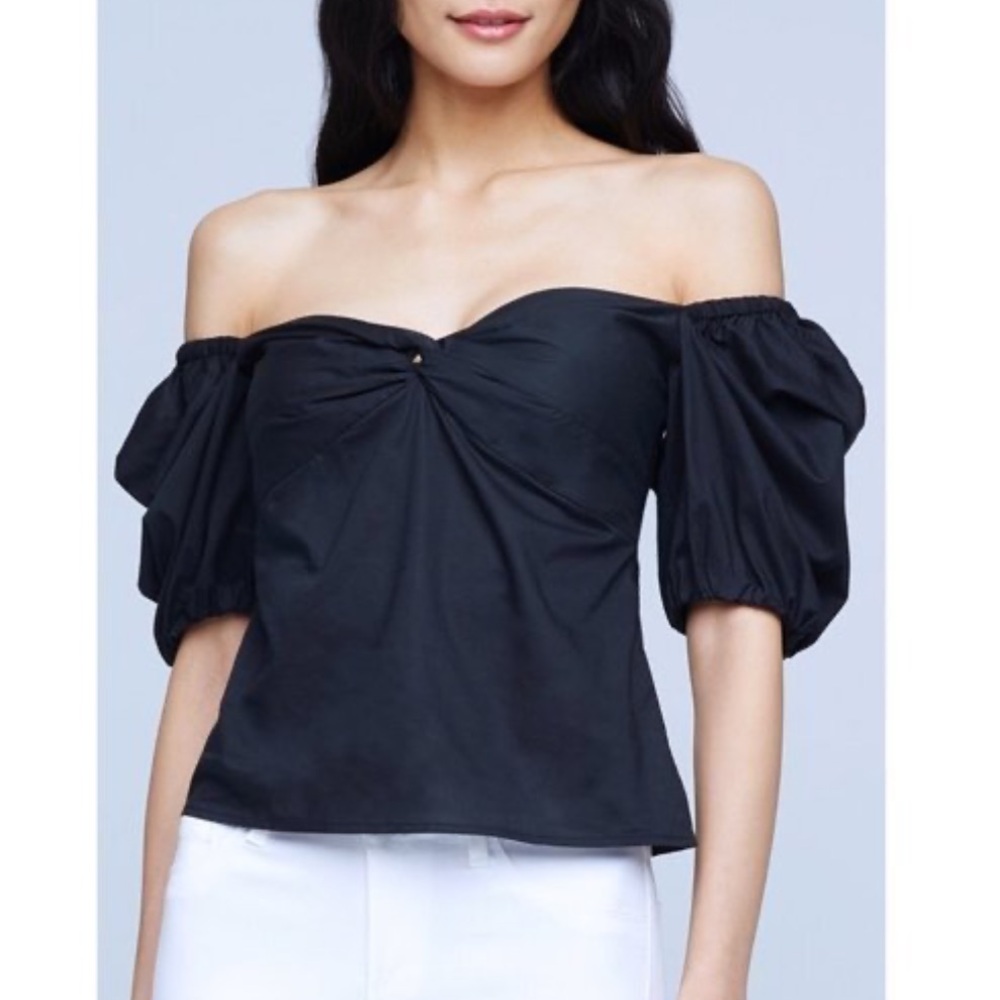 L'AGENCE Gemini Off-Shoulder Blouse Size XS Black Cotton Blend Puff Sleeve Chic